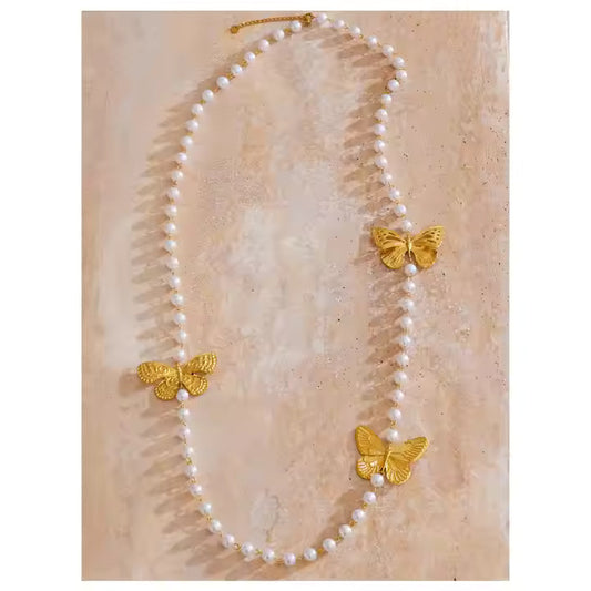 Butterfly Simulated Pearls Beads Necklace