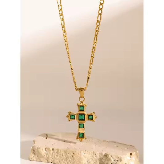 Green Square Zircon Cross Pendant Necklace